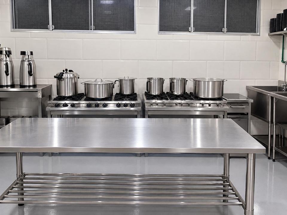 Cozinha da JCM com fogões industriais e mesa de inox