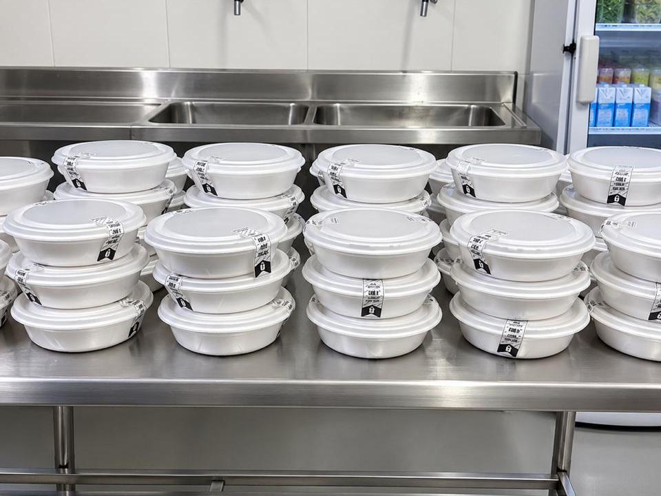 Marmitas embaladas e lacradas, prontas para sair
